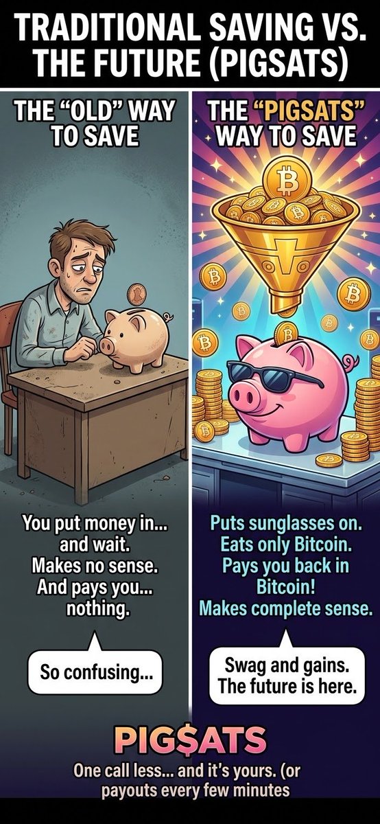 piggysats's tweet photo. Why use a dusty old piggy bank that pays you nothing when you can have one with SWAG that pays you in $BTC? 🐷😎💰

Say goodbye to the "old way" of saving. $PIGSATS is the future. 🚀
✅ Payouts every few minutes
✅ Earn actual Bitcoin
✅ Maximum swag
The future is here. Are you in? 👇

#PIGSATS #Bitcoin #Crypto $BTC