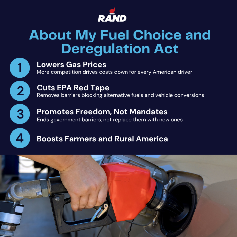 RandPaul's tweet photo. You can't blame every price at the pump on Washington, but you can blame Washington for the outdated mandates that are piled on. That's exactly what my Fuel Choice and Deregulation Act aims to fix. We cut the red tape, expand fuel choice, and let American energy production do the rest.