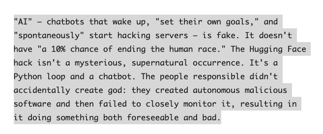 TaylorLorenz's tweet photo. Cory Doctorow's new post on whether AI will kill humanity https://t.co/JEwiUiAMah