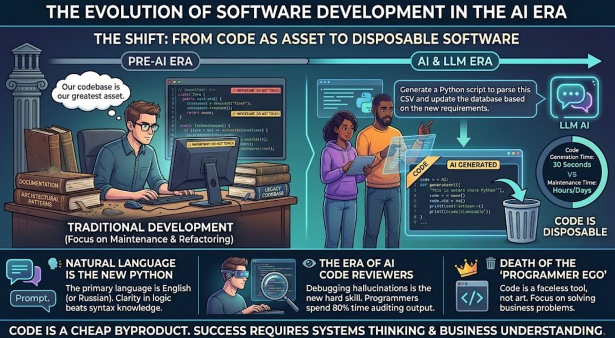 RothvaleAI's tweet photo. The main change that AI has brought to software development isn't the speed of writing projects. It's the fact that code has become disposable.

For decades, the industry treated the codebase as its greatest asset. We built ideal architectures, wrote tons of documentation, carefully refactored classes, and feared breaking "legacy" code.

With the arrival of LLMs, the paradigm flipped. If generating the necessary script, parser, or even an entire microservice takes 30 seconds—why spend hours maintaining it when requirements change? It has become easier to delete the old piece of code and ask the neural network to write a new one from scratch.

Where the concept of "Disposable Software" leads:
🗣 Natural language is the new Python. English (or Russian) is becoming the primary programming language. The ability to clearly describe a system's logic without ambiguity is now more important than knowing the syntax of a specific framework.

👁 The era of AI code reviewers. Reading someone else's code (even machine-generated) is always harder than writing your own. Debugging hallucinations is becoming an engineer's primary hard skill. Programmers of the future will spend 80% of their time reading and auditing model outputs, searching for logical flaws and vulnerabilities.

🗑 The death of the "programmer ego." There is no longer any point in taking pride in an "elegant solution" of a hundred lines if AI outputs a working (even if clunky) equivalent in a second. Code finally loses its status as art and becomes what it was always meant to be—a faceless tool.

Industry Summary:
Code is no longer an end in itself and ceases to be the main deliverable of a developer's work. Code is simply a cheap byproduct generated in the process of solving a business problem.

The winners in this new reality will not be those who know 15 programming languages, but those with systems thinking—people who see the product as a whole, understand business needs, and know how to orchestrate neural networks to assemble a working mechanism out of the chaos