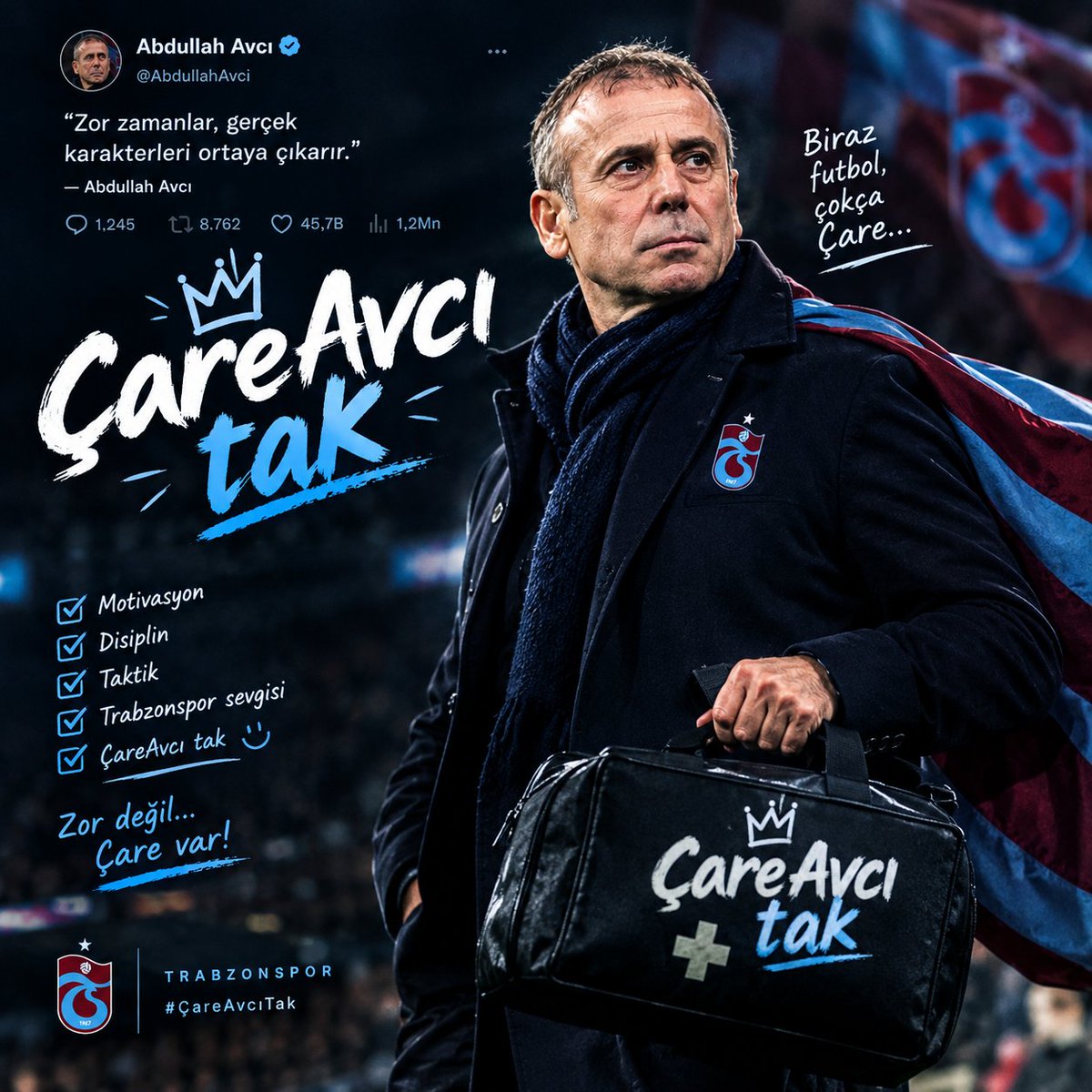 FatihAtala711's tweet photo. Çare belli, reçete belli… 🩺⚽️
Trabzonspor’un başında yeniden Abdullah Avcı görmek isteyenler burada mı?
Bazen yeni macera değil, neyin nasıl yapılacağını bilen adam lazım.
Çare Avcı, tak! 😄🔵🔴
#Trabzonspor #AbdullahAvcı #ÇareAvcıTak https://t.co/Ct1NZU68wk