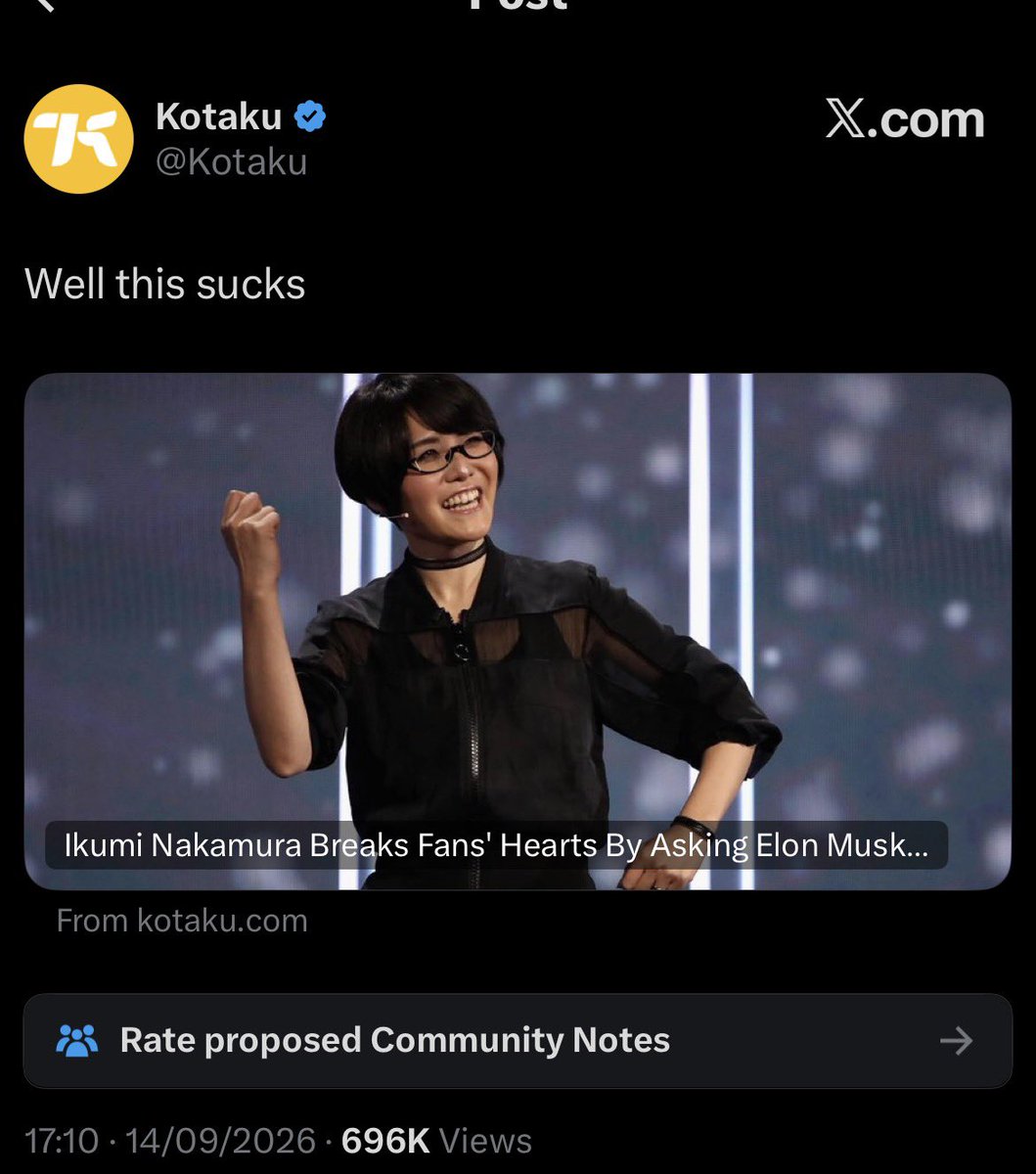 Pirat_Nation's tweet photo. Kotaku journos spent years portraying Ikumi Nakamura as a delightful, wholesome Japanese game creator but the moment she invited Elon Musk to try KEMURI at TGS its problematic calling the invitation “heartbreaking” and describing Musk as a Nazi.

Is this gaming journalism? She just invited someone to play her game