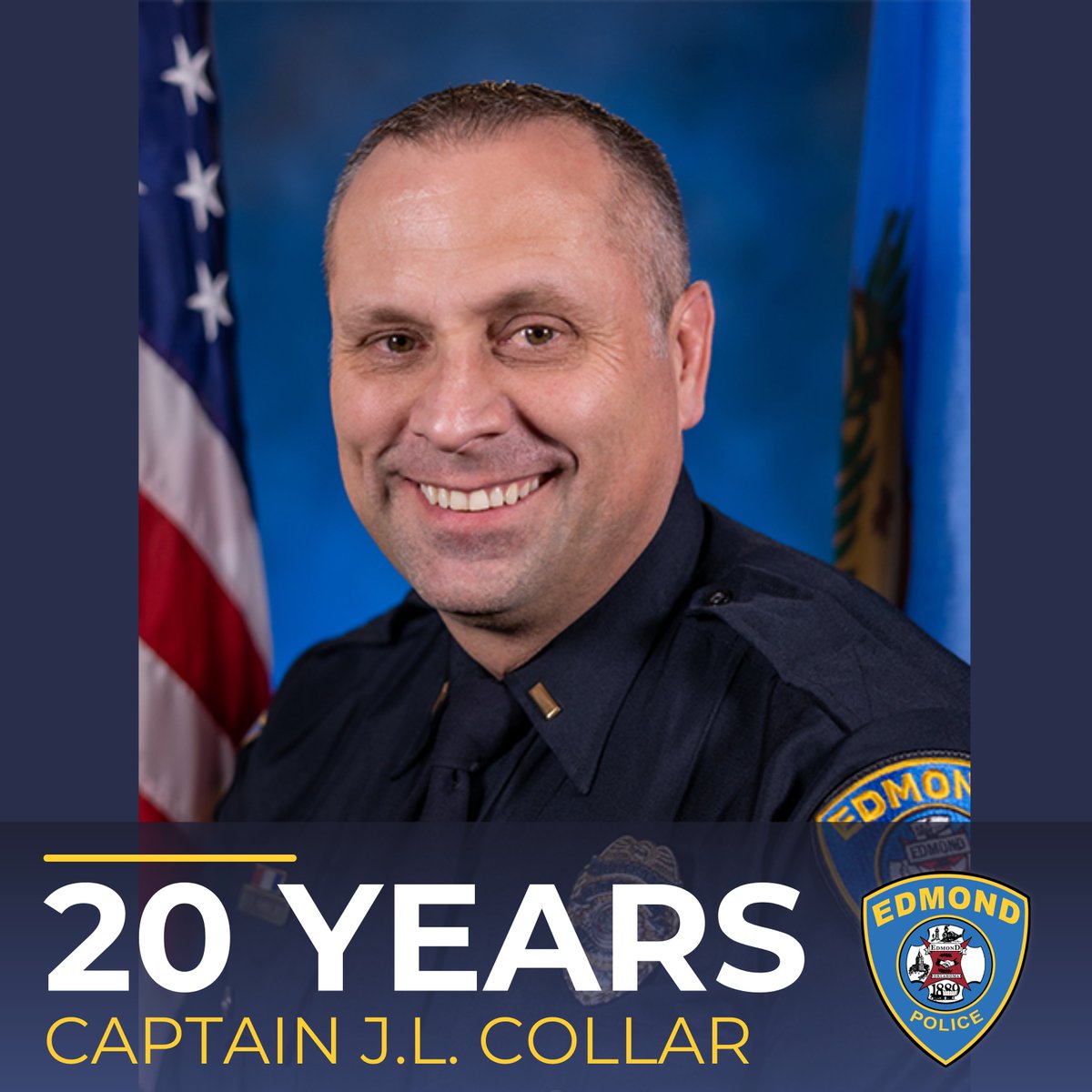 EdmondPD's tweet photo. Help us congratulate Cpt. Collar on 20 years with Edmond PD! Thank you for your continued service to our community! https://t.co/5gzyKcMOGZ