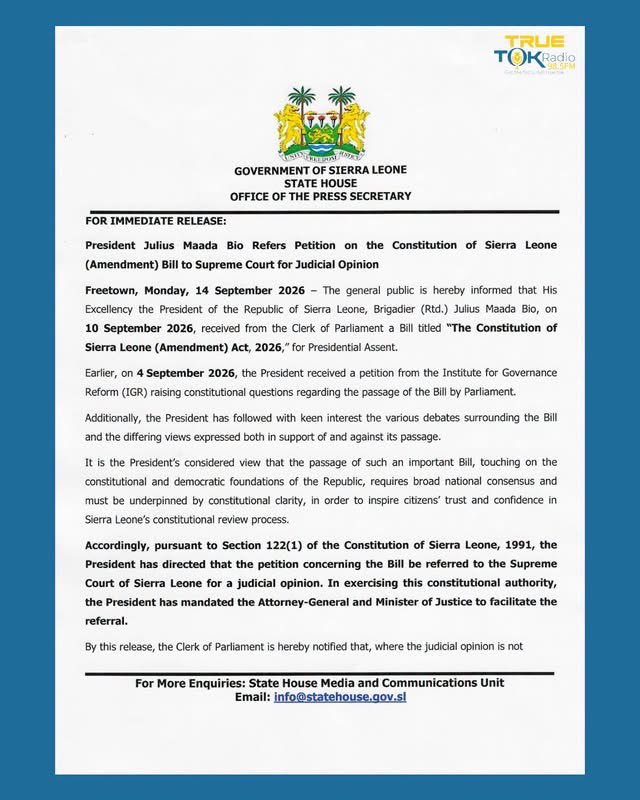 GovernanceFor's tweet photo. President Julius Maada Bio has referred IGR’s petition on the Constitution of Sierra Leone (Amendment) Bill, 2025, to the Supreme Court for a judicial opinion on the constitutional questions raised.

#SierraLeone #ConstitutionalLaw #SupremeCourt #Constitution #Governance https://t.co/bR6Fh46REa