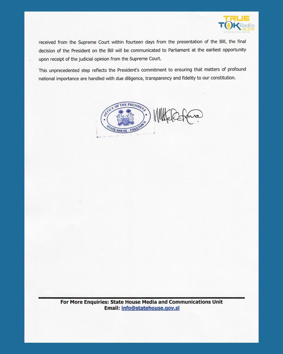 GovernanceFor's tweet photo. President Julius Maada Bio has referred IGR’s petition on the Constitution of Sierra Leone (Amendment) Bill, 2025, to the Supreme Court for a judicial opinion on the constitutional questions raised.

#SierraLeone #ConstitutionalLaw #SupremeCourt #Constitution #Governance https://t.co/bR6Fh46REa