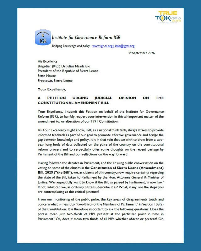 GovernanceFor's tweet photo. President Julius Maada Bio has referred IGR’s petition on the Constitution of Sierra Leone (Amendment) Bill, 2025, to the Supreme Court for a judicial opinion on the constitutional questions raised.

#SierraLeone #ConstitutionalLaw #SupremeCourt #Constitution #Governance https://t.co/bR6Fh46REa