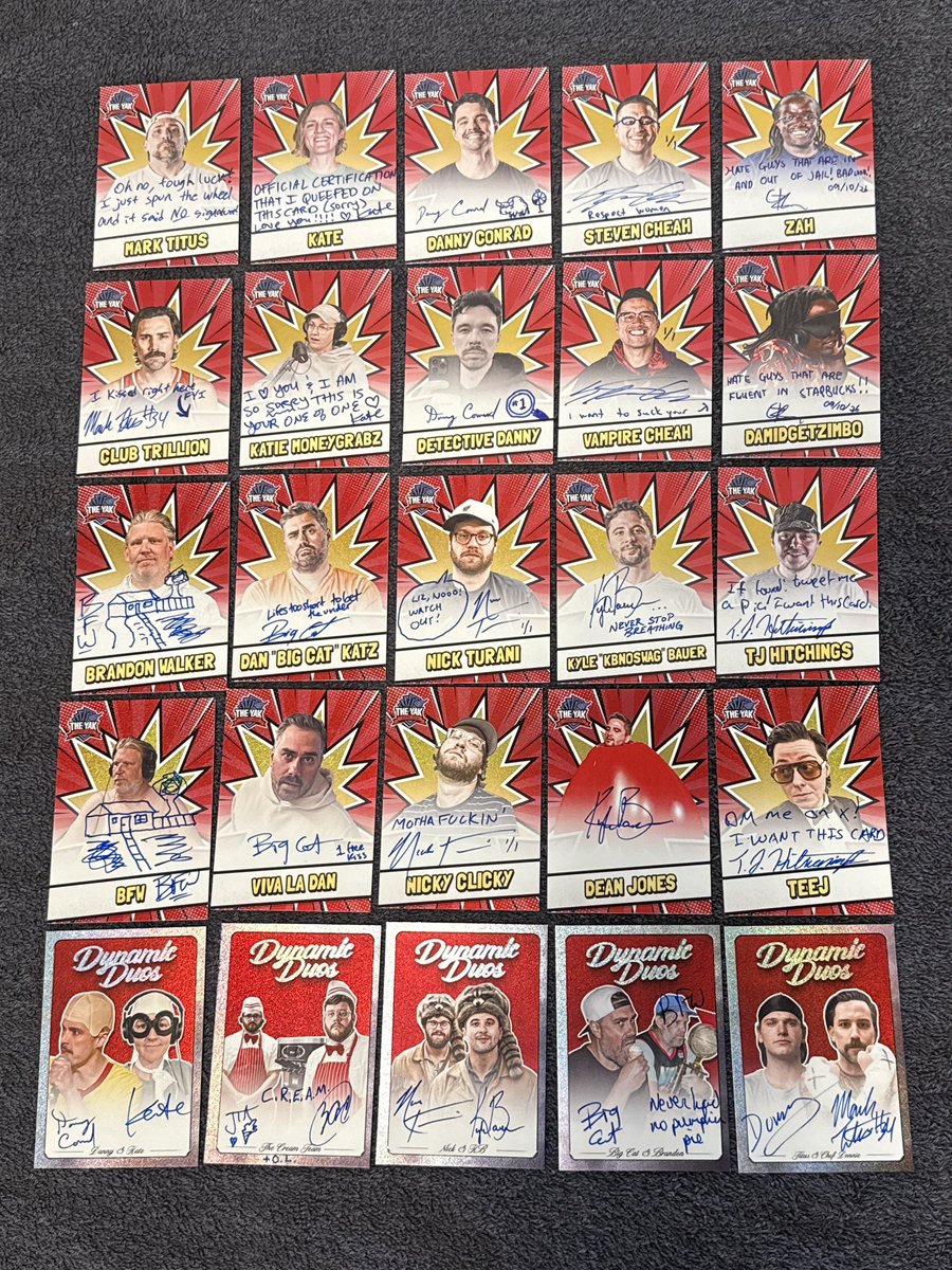TJHitchings's tweet photo. Breaking: @BarstoolYak Trading Cards Series 2 Autographs have officially all been signed. 

Here, for likely the last time ever, is a look at all 25 of the 1/1 Autos in the set together in the same place. Which one are you chasing? 

Release details soon. https://t.co/pRuKfEwl1q