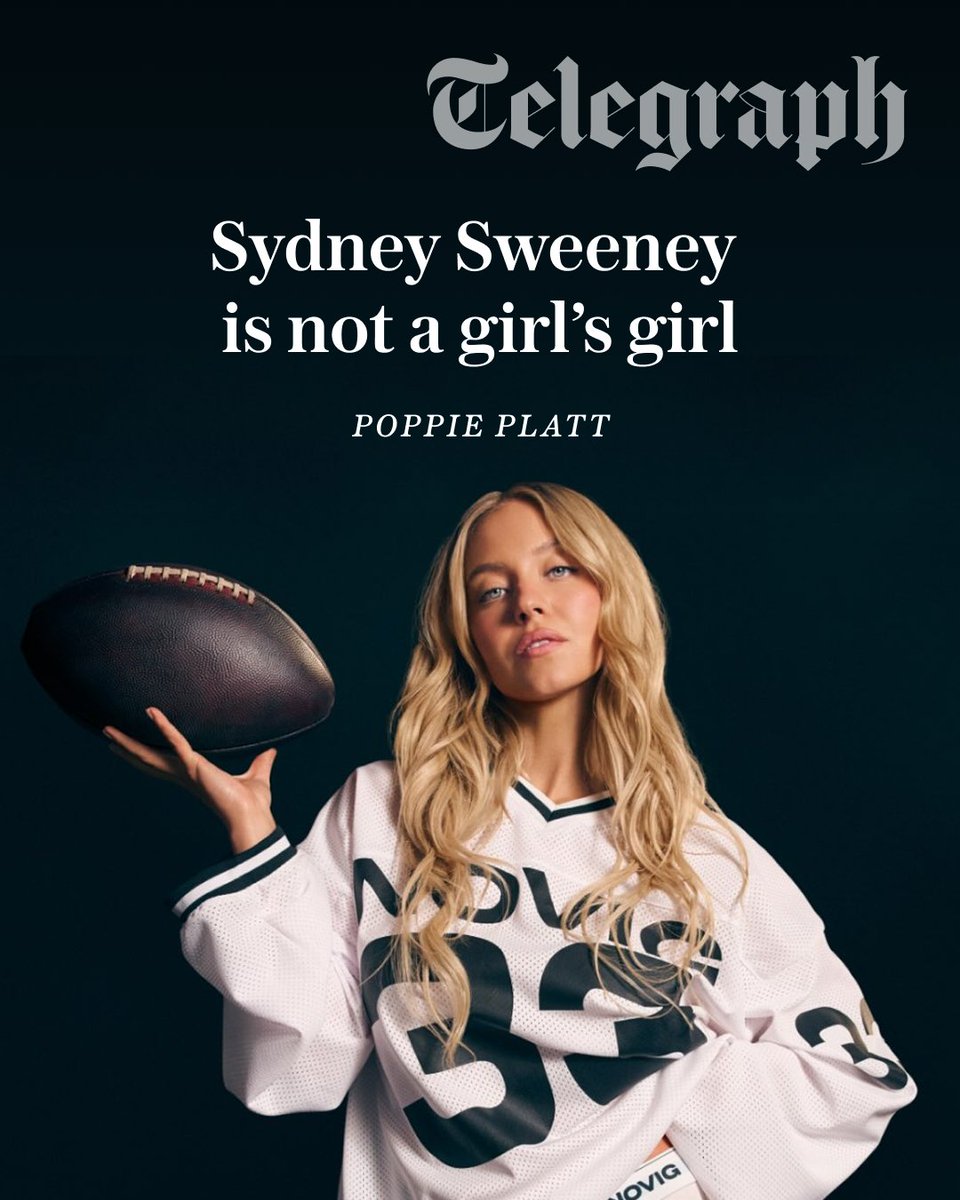 Telegraph's tweet photo. 'Embroiled in fresh controversy, the 29-year-old is once again cementing herself as the patriarchy’s dream woman' 

@poppieplatt on Sydney Sweeney's viral Novig advertisement 👇
https://t.co/xcCDtNf6HQ https://t.co/ezZ6d6yt65