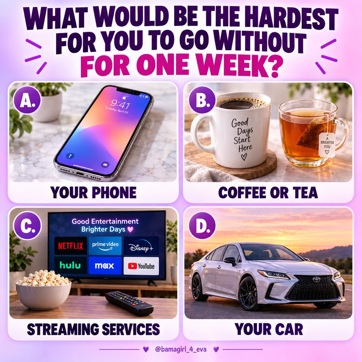 bamagirl_4_eva's tweet photo. Which one would be the hardest for you to go without? https://t.co/JCnB3fIuFi