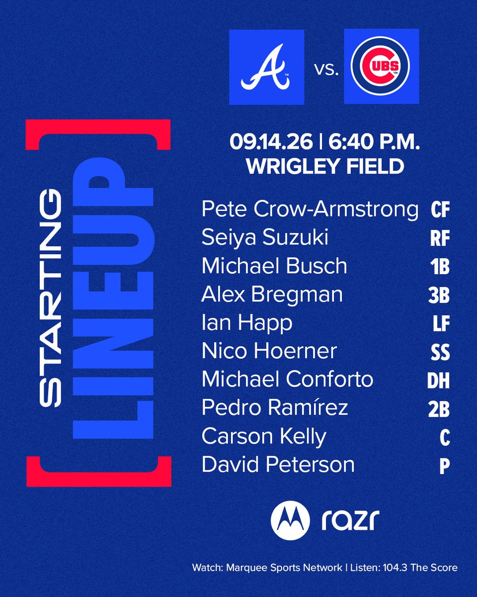 Cubs's tweet photo. Your Monday night lineup.

Tune in live on @WatchMarquee. https://t.co/XEMsYPtWkh