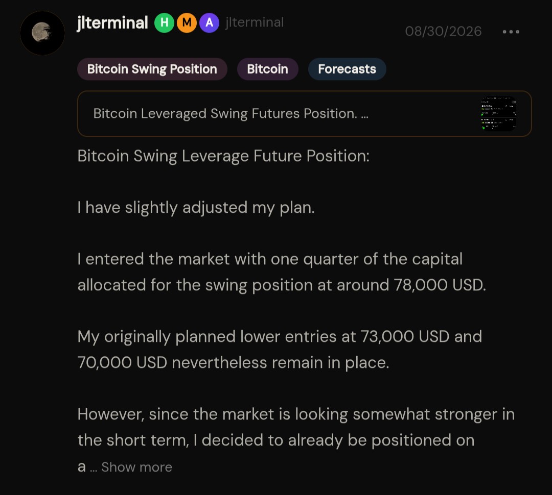 JLTerminal's tweet photo. 08/30/26

Bitcoin Swing Leverage Future Position:

I have slightly adjusted my plan.

I entered the market with one quarter of the capital allocated for the swing position at around 78,000 USD.

My originally planned lower entries at 73,000 USD and 70,000 USD nevertheless remain in place.

However, since the market is looking somewhat stronger in the short term, I decided to already be positioned on a smaller scale now, rather than waiting solely for the lower prices.

My original plan therefore still partly retains its validity, and I will scale the position up further step by step from here.

(Disclaimer: This reflects personal analysis based on publicly available data. This is not financial advice or a recommendation to buy or sell any asset.)