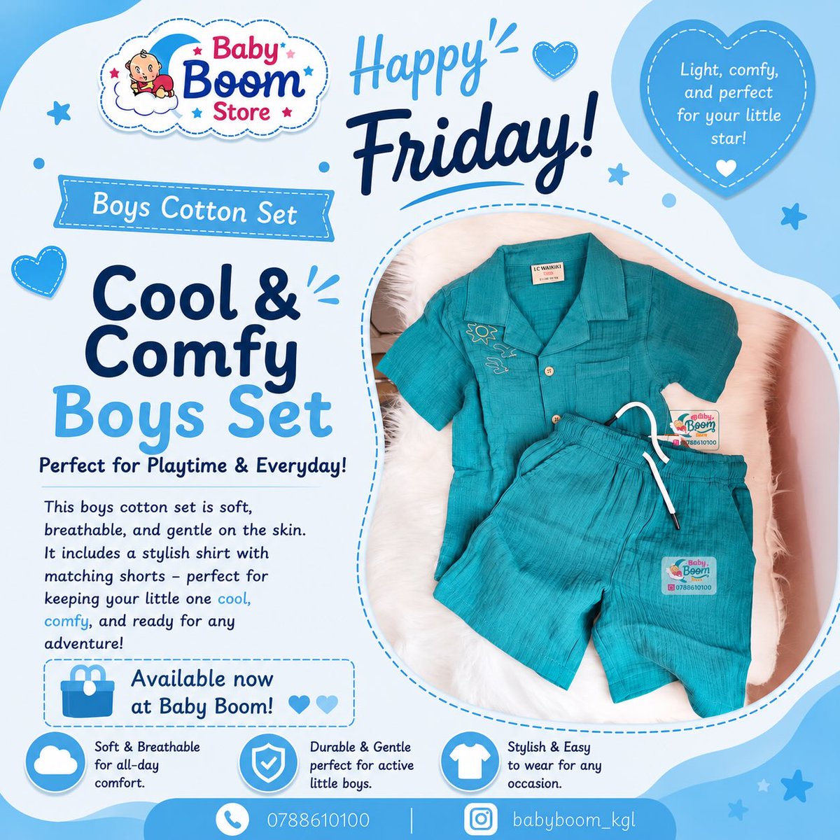 jose_di's tweet photo. Happy Friday! Dress your little gentleman in comfort and style with our soft, breathable boys’ cotton set. Perfect for playtime, outings, and everyday adventures. Available now at Baby Boom, Kigali Heights. Call 0788610100. https://t.co/xidlhzQUJY
