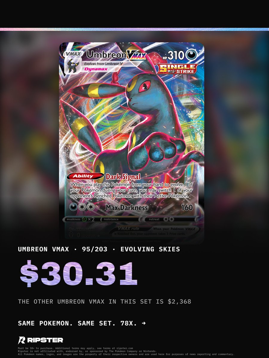ripsterhq's tweet photo. Two Umbreon VMAX in one set: $30 or $2,368? 👀

Worth holding onto this week, with 30th Celebration landing Wednesday in all foil packs.

Which of the two would you rather pull?

#pokemontcg https://t.co/w2fKSAp7jX