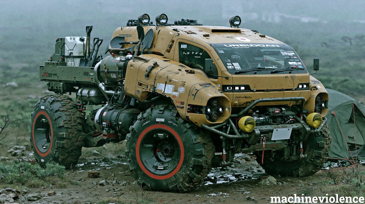 machineviolence's tweet photo. Multi fuel, 4 WD with crawler gears, hi & lo range. Heavy duty winch, manually locking diffs. Hubs allow to fit different brakes and tire sizes, fully analog , no fuel injection , no electronics, no ECU. Only vacuum tanks and hydraulics for the actuations - no electric or stepper motors.
Open ball joint knuckle steering  , not even rack & pinion. Simple, crude, easy to fix, easy to service.  Minimal hydraulics..
