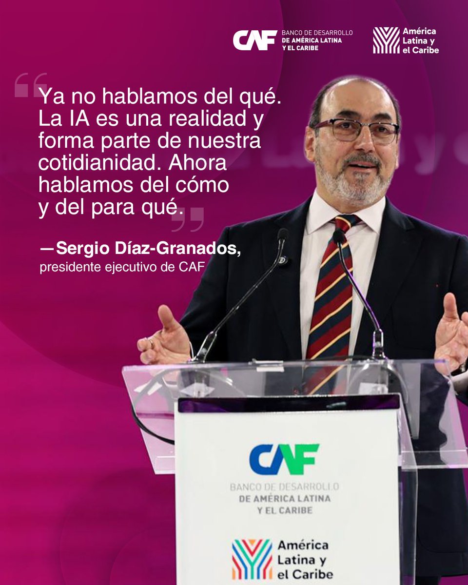 AgendaCAF's tweet photo. Durante la instalación del Foro Internacional Digitalizar para Transformar, @sergiodigra, Presidente Ejecutivo de CAF, planteó el desafío que enfrenta América Latina y el Caribe: aprovechar esta transformación para impulsar la productividad, fortalecer las instituciones y mejorar la vida de las personas.

Para ello, la región necesita desarrollar capacidades propias, gobernar sus datos, formar talento, aprovechar sus recursos y participar en la cadena de valor de la inteligencia artificial.

Porque “la tecnología, por sí sola, no produce prosperidad”. Su impacto depende de cómo la combinemos con innovación, talento, instituciones eficaces y acción colectiva.

Desde CAF, la transformación digital es una prioridad. El compromiso es acompañar a los países de la región con conocimiento, capacidades técnicas, financiamiento y cooperación.

“Digitalicemos. Transformemos. Construyamos un camino propio”, afirmó Sergio Díaz-Granados, Presidente Ejecutivo de CAF.

https://t.co/ElGVvBSHmx
