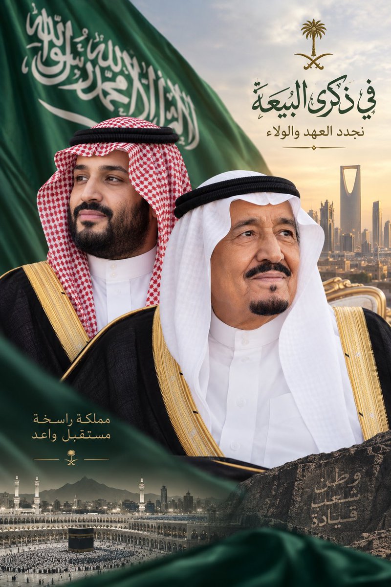 a9g99's tweet photo. سيدي خادم الحرمين الشريفين الملك سلمان بن عبدالعزيز آل سعود ـ حفظكم الله ـ

في ذكرى البيعة، أجدد لمقامكم الكريم العهد والولاء، بيعةً راسخة في القلب، ووفاءً لقيادةٍ جعلت خدمة الدين والوطن والإنسان أمانةً ومسؤولية

سيدي..
نفخر بكم قائدًا، ونعتز بعهدكم عهدًا للحزم والعزم والبناء، ونحمد الله على وطنٍ عظيم يقوده رجالٌ أوفياء، يمضي بثبات نحو مستقبلٍ أكثر ازدهارًا وقوة

أسأل الله أن يحفظكم، ويطيل عمركم على طاعته، ويمدكم بالصحة والعافية، وأن يحفظ سمو ولي عهدكم الأمين الأمير محمد بن سلمان بن عبدالعزيز، ويسدد خطاه، ويديم على المملكة أمنها وعزها ورخاءها

نجدد البيعة، ونبقى على العهد
وطنٌ نفديه، وقيادةٌ نفخر بها، ورايةٌ لا تنكس بإذن الله

ابنكم المخلص
عبدالله بن غارم العمري 🇸🇦
#ذكري_البيعة_الثانيه_عشر  #خادم_الحرمين_الشريفين