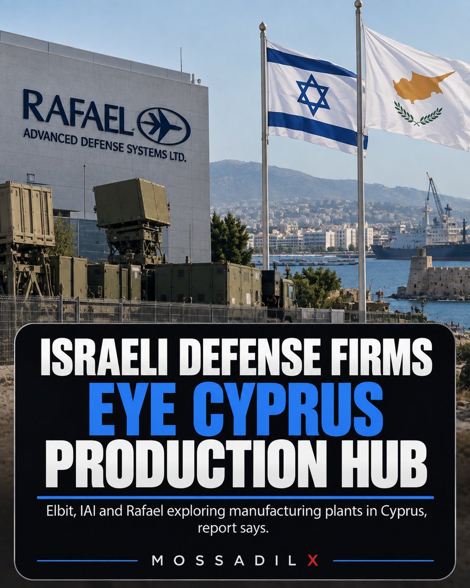 MOSSADil's tweet photo. 🚨 ISRAELI DEFENSE GIANTS EYE CYPRUS PRODUCTION HUB

Israeli defense firms including Elbit, IAI and Rafael are reportedly exploring manufacturing plants and management headquarters in Cyprus.

Why Cyprus? It’s close to Israel, inside the EU, and could give Israeli firms access to Europe’s €150B SAFE defense financing program.

For Cyprus, the upside is jobs, tax revenue — and deeper defense cooperation as concerns over Turkey grow.

Israel’s defense industry is becoming increasingly embedded across Europe.