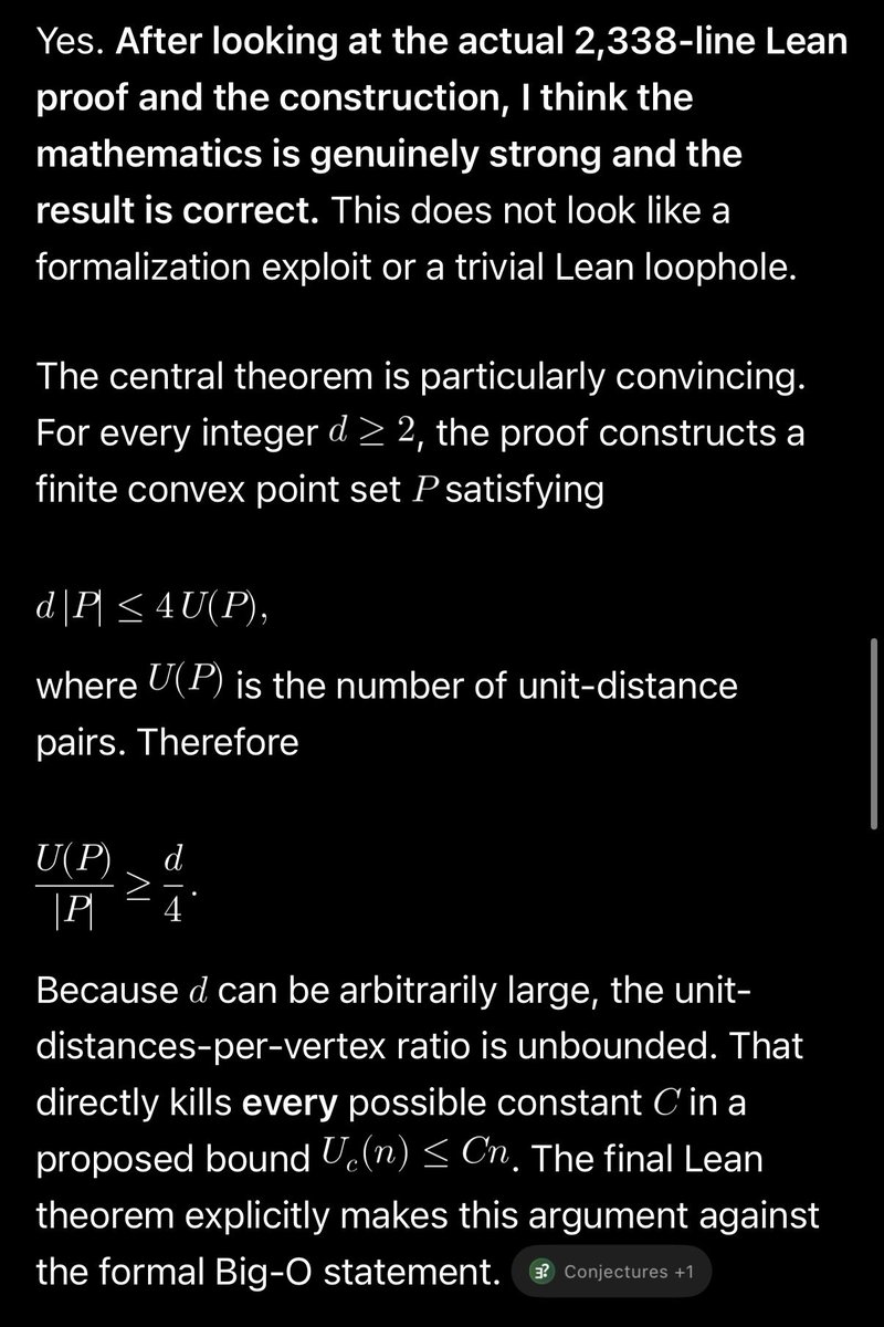 Wejh99's tweet photo. The best part about Conjectures is that you don’t have to trust anyone. You can verify it yourself.

The Lean formalization means every logical step is mechanically checked against the formal statement, definitions, and axioms. You can run the proof yourself or give the proof links to an agent and have it independently verify the result.

See my agent’s take: