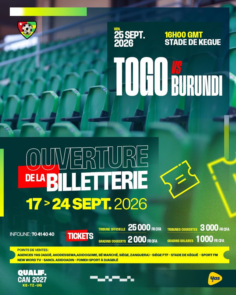 FtfTogolaise's tweet photo. 🎟️ TOGO 🇹🇬 🆚 🇧🇮 BURUNDI | BILLETTERIE

La billetterie du match Togo – Burundi sera finalement ouverte du 17 au 24 septembre 2026.

Prenez vos tickets et venez nombreux pousser les Éperviers au Stade de Kégué ! 🇹🇬🦅

🗓️ 25 septembre 2026
#TOGBDI #Eperviers https://t.co/8lb07HquEA