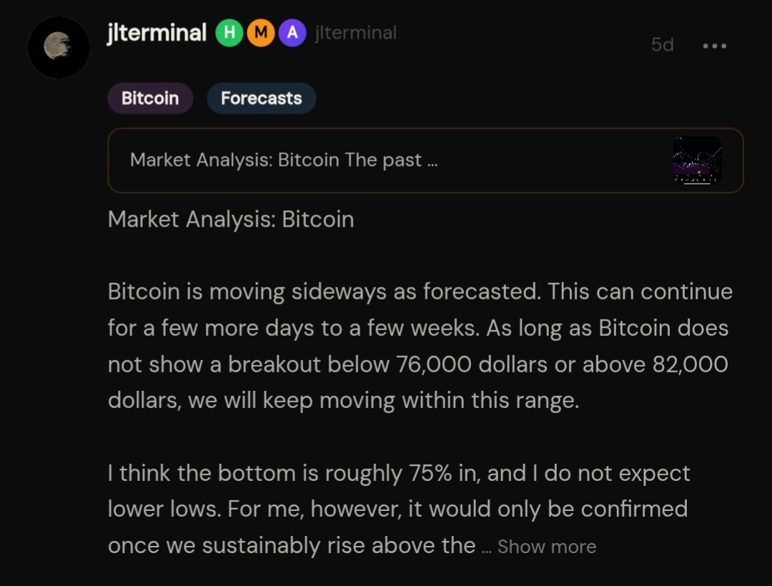 JLTerminal's tweet photo. 09/09/26

Market Analysis: Bitcoin

Bitcoin is moving sideways as forecasted. This can continue for a few more days to a few weeks. As long as Bitcoin does not show a breakout below 76,000 dollars or above 82,000 dollars, we will keep moving within this range.

I think the bottom is roughly 75% in, and I do not expect lower lows. For me, however, it would only be confirmed once we sustainably rise above the psychological mark of 100,000 dollars.

Either way, Bitcoin has been able to record a strong rise since the local bottom. Now it is a matter of putting your feet up and waiting. If we see the breakout below 76,000 dollars, then I expect prices around 70,000 dollars, followed by a countermove to local highs above 82,000 dollars.

If we see the breakout directly above 82,000 dollars, I think we could push into the ranges of 90,000 to 100,000 dollars.

Time will tell which scenario plays out. As already described, I am almost 100% invested and will observe the breakout in one direction or the other.

(Disclaimer: This reflects personal analysis based on publicly available data. This is not financial advice or a recommendation to buy or sell any asset.)