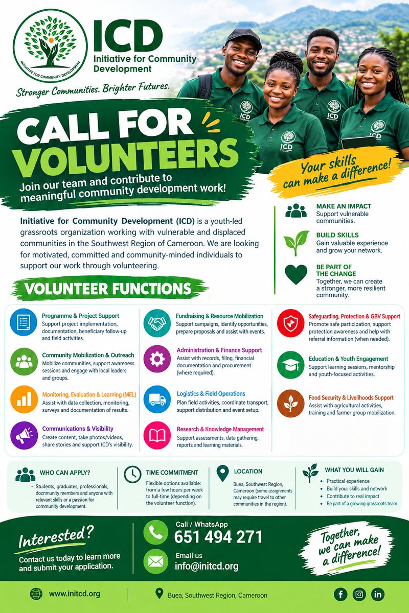 ICD4dev's tweet photo. We are hiring at ICD
#hiring #Buea #CommunitySupport #communitydevelopment https://t.co/53MppnQhHB