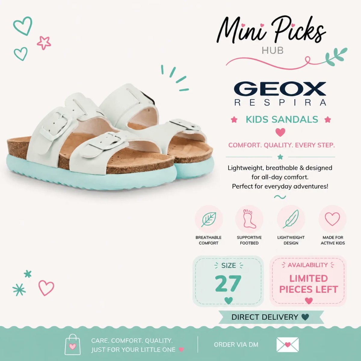 artu1289's tweet photo. Easy steps, happy adventures. These Geox sandals are made for all-day comfort, everyday play, and little feet on the move. Limited stock left in size 27. Direct delivery available. https://t.co/nHM2Ashj0y