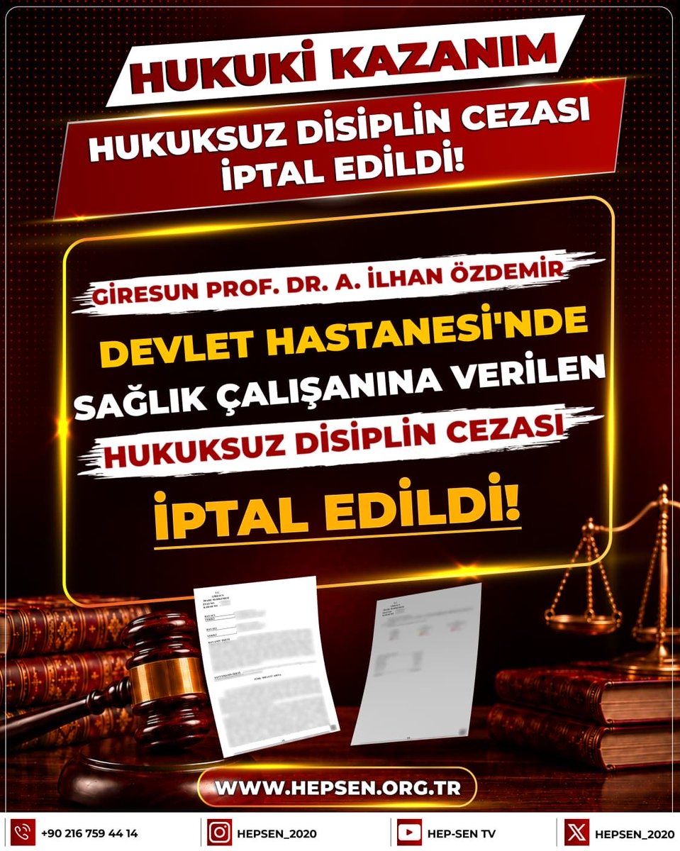 hepsen_hukuk's tweet photo. Giresun Prof. Dr. A. İlhan Özdemir Devlet Hastanesi'nde Sağlık Çalışanına Verilen Hukuksuz Disiplin Cezası İptal Edildi

​Giresun'da görev yapan üyemizin haksız ve dayanaksız gerekçelerle maruz kaldığı disiplin cezasına karşı yürüttüğümüz hukuk mücadelesi zaferle sonuçlandı! https://t.co/mvW3RBZo6P