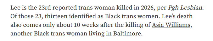 bunny_moder's tweet photo. 23 reported deaths of trans women 7 and a half months into 2026 and over half of them are black trans women. Absolutely heartbreaking https://t.co/ktb71cL2gL