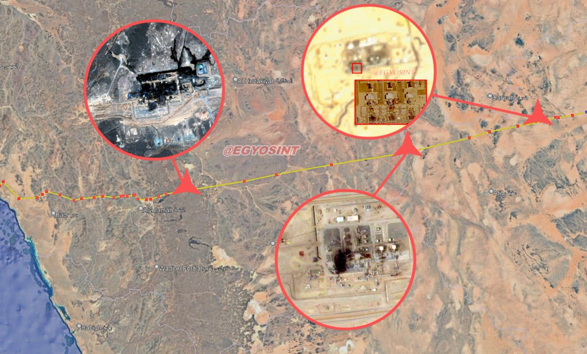 EGYOSINT's tweet photo. 🛰 🇸🇦 Three pumping stations along Saudi Arabia’s East-West Crude Oil Pipeline sustained significant damage, far greater than initially assessed. Saudi authorities are working to repair the affected facilities, but restoring them could take several weeks. https://t.co/MBryXAj5fU