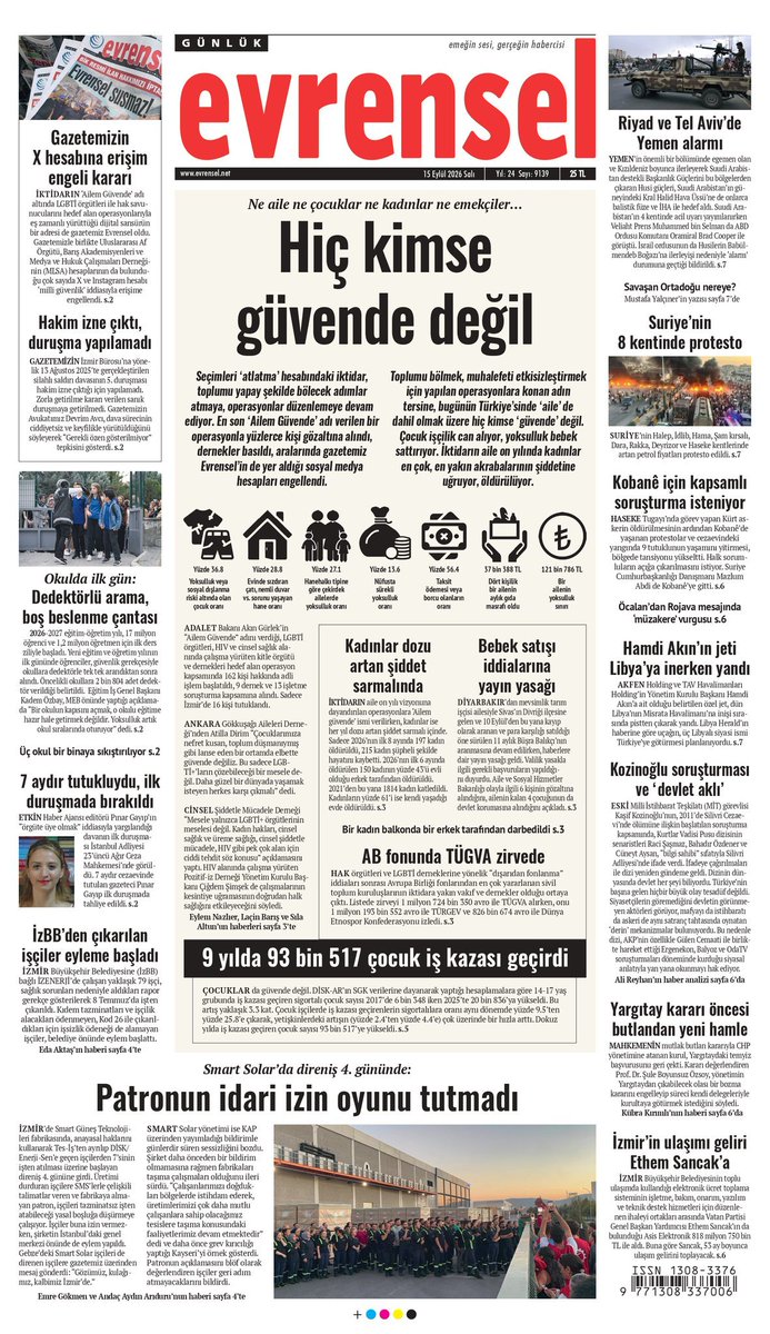 hakki_ozdal's tweet photo. Ne aile ne çocuklar ne kadınlar…
Hiç kimse güvende değil

Seçimleri ‘atlatma’ hesabındaki iktidar, toplumu yapay şekilde bölecek adımlar atmaya, operasyonlar düzenlemeye devam ediyor. En son ‘Ailem Güvende’ adı verilen bir operasyonla yüzerce kişi gözaltına alındı, dernekler basıldı, dijital sansür uygulandı. Ve dün, aralarında gazetemiz Evrensel’inki de yer alan sosyal medya hesapları engellendi. 

Toplumu bölmek, muhalefeti etkisizleştirmek için yapılan operasyonlara konan adın tersine, bugünün Türkiye’sinde ‘aile’ de dahil olmak üzere hiç kimse ‘güvende’ değil. Çocuk işçilik can alıyor, yoksulluk bebek sattırıyor.. Tumturaklı 'Aile 10 Yılı'nda kadınlar en çok  yakın akrabalarının şiddetine uğruyor, öldürülüyor..