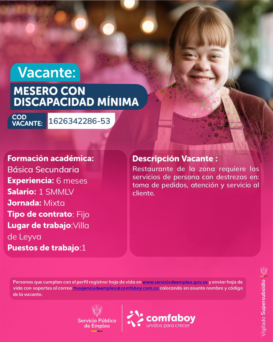 comfaboy's tweet photo. 💼 ¡Nuevas vacantes en Boyacá!
👨‍🍳 Cocinero y 🍽️ Mesero – Villa de Leyva
🚧 Ayudante de vía – Duitama y alrededores
🏢 Asesor comercial – Belén
🥩 Operario de frigorífico – Chiquinquirá
📋 Postúlate con el código de cada vacante en https://t.co/aDXJaEF7Jk
#Comfaboy #EmpleoBoyacá https://t.co/eeOrc4r7VI