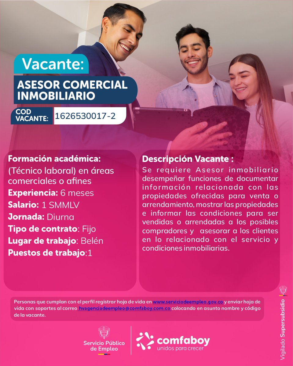comfaboy's tweet photo. 💼 ¡Nuevas vacantes en Boyacá!
👨‍🍳 Cocinero y 🍽️ Mesero – Villa de Leyva
🚧 Ayudante de vía – Duitama y alrededores
🏢 Asesor comercial – Belén
🥩 Operario de frigorífico – Chiquinquirá
📋 Postúlate con el código de cada vacante en https://t.co/aDXJaEF7Jk
#Comfaboy #EmpleoBoyacá https://t.co/eeOrc4r7VI