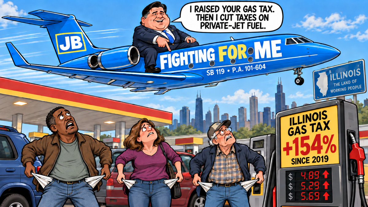BrianCostin's tweet photo. Gov. Pritzker hiked Illinois’ gas tax by 154%.

But did you know he cut taxes on private-jet fuel? Eliminating a per-gallon environmental fee. 

Motorists: +154%
Private jets: Tax cut

When he says he’s fighting for working families, he means the ones with private jets. https://t.co/F6QXe6ig7a