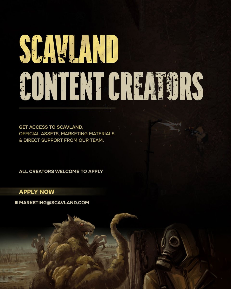Scavland_'s tweet photo. 🎬 SCAVLAND CONTENT CREATOR PROGRAM

Want to create content around Scavland? We're now accepting applications!

Selected creators get Steam access, official assets, marketing materials, and direct support from our team.

Open to creators of all sizes.

📧 Apply: marketing@scavland.com