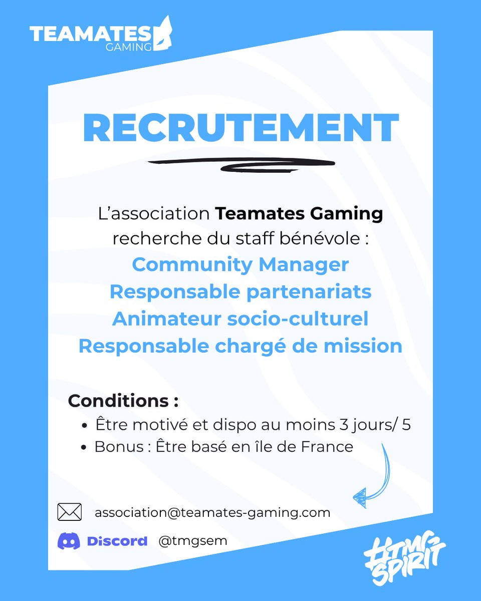TeamatesG's tweet photo. 🟦Recrutement🟦

La TMG recrute!! Et si tu es basé en Île-de-France, c'est l'idéal ! On serait ravie de t'accueillir dans notre association🔥

DM ouvert💌

#TMGSPIRIT @Cherche_1Groupe https://t.co/WljlXpqs5L