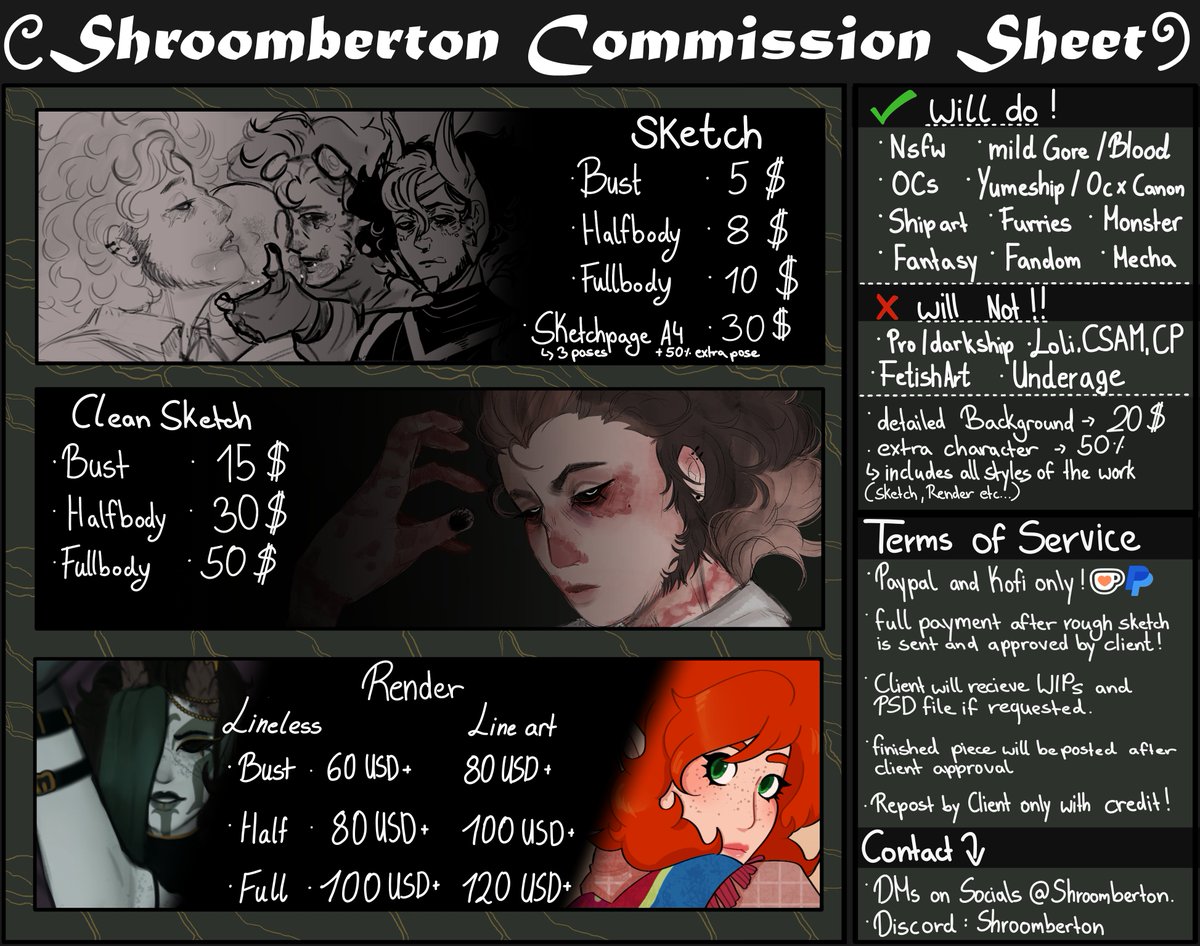 Shroomberton's tweet photo. Commission Sheet 
If interessted send a DM or contact me over Kofi / Vgen

🌿https://t.co/syh3WvD4F7 
🌿https://t.co/hrZTtjRZ7L 

Shares and likes appriciated.  Examples listed below in the comments

#CommissionSheet #Commission https://t.co/YQfMAeX4Xc
