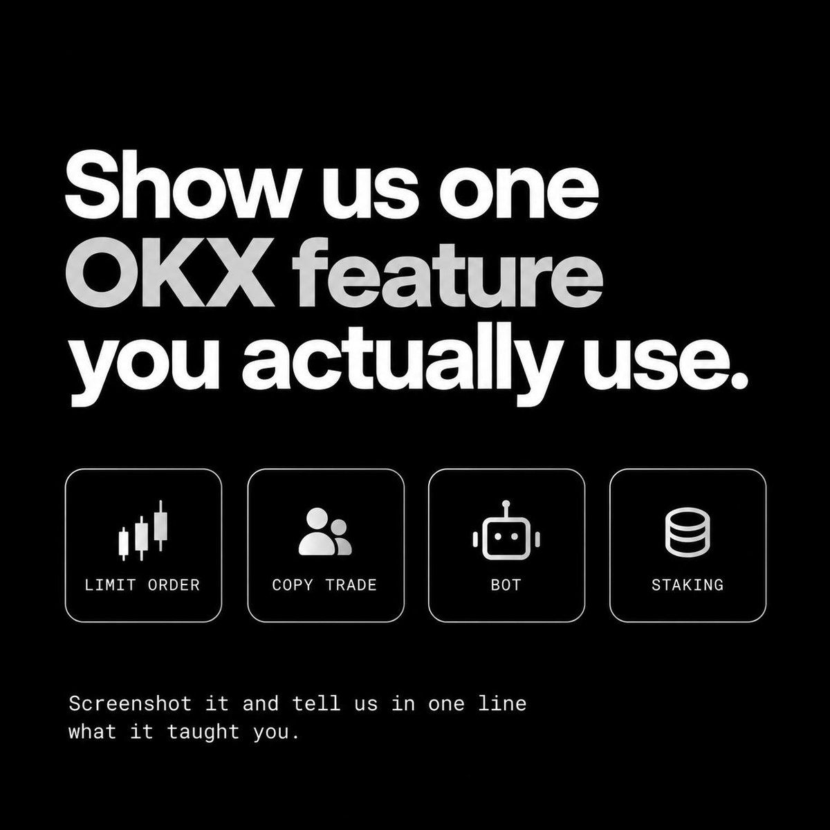 okxafrica's tweet photo. Show us one OKX feature you actually use. 

A limit order, a copy trade, a bot, a staking position. 

Screenshot it and tell us in one line what it taught you.

📌 Follow @OKXAfrica
📌 Repost this post
📌 Reply with your screenshot and your line

10 winners share $100

Best answers win.

Closes 18th of September