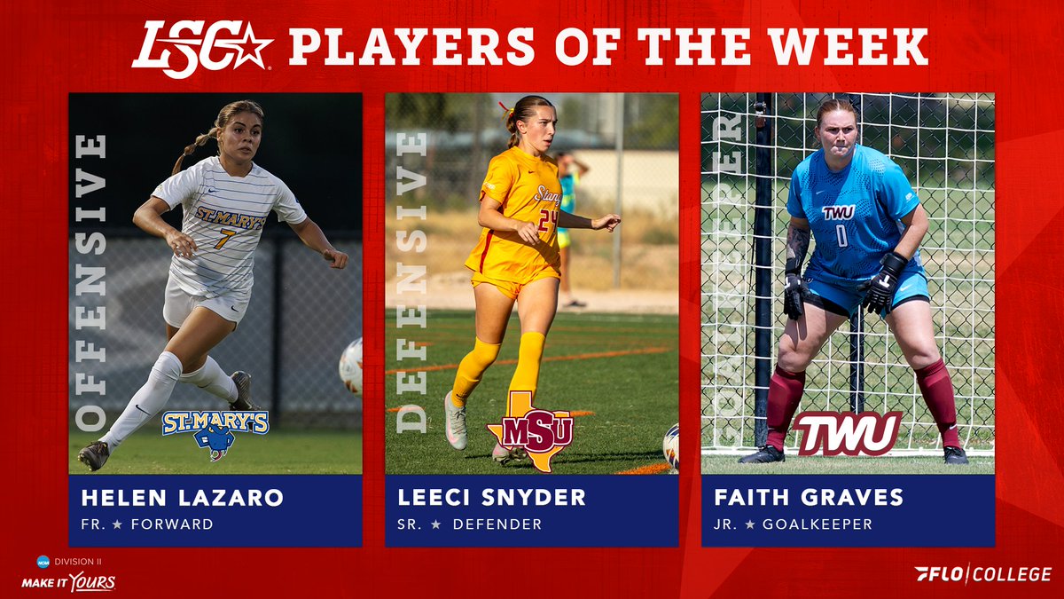 LoneStarConf's tweet photo. #LSCwsoc Players of the Week ⚽️🌟

Offensive: Helen Lazaro, @StMarysRattlers 

Defensive: Leeci Snyder, @MSUMustangs 

Goalkeeper: Faith Graves, @twupioneers 

🔗 https://t.co/uLhMjhcdZo

#D2wsoc @FloFC_ https://t.co/ypaC9xFiqq