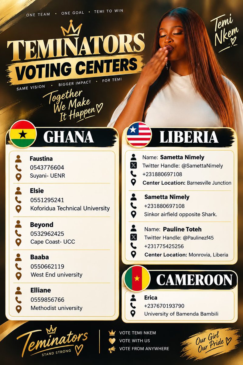 Temiinkem's tweet photo. ‼️ATTENTION, TEMINATORS! ‼️

These are the designated voting centres. Kindly take note and make your way to the nearest one to support the mission.

Other voting centres that will be added subsequently will be updated as they become available.

We need all hands on deck! We are almost at the finish line, and this is NOT the time to ease up.

Let’s show up and finish HARD! ❤️‍🔥💥

VOTE FOR TEMI NKEM #TemiNkem #Bbnaija