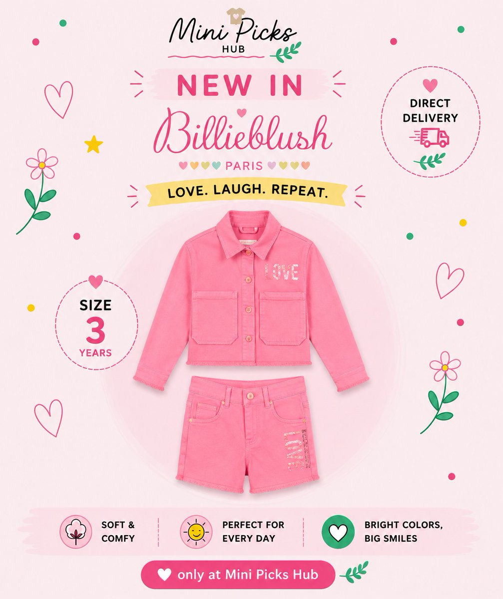 DaniloGlauce's tweet photo. Double the pink, double the style! This Billieblush jacket and shorts set is bright, fun, and finished with sparkling details. Wear it together or mix and match with her favorites. Size 3 years. DM to order. https://t.co/2vfHE3zbE0