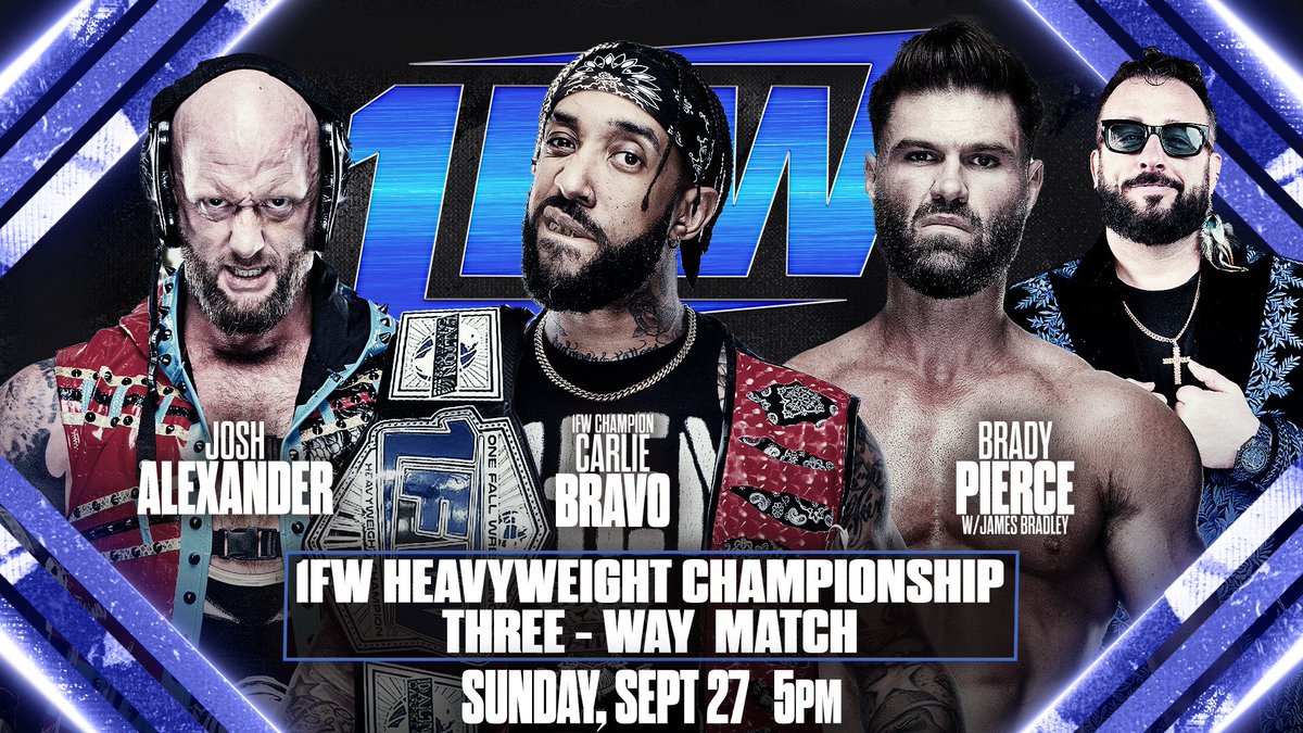 1FWrestling's tweet photo. 9/27 1FW Heavyweight Champion @CarlieBravo will defend his title in a 3 way match against former champion @BradyPierce1 as well as the debuting @Walking_Weapon 

Reserve your free tickets at https://t.co/cadx7A5JMf and watch it in a few weeks on @myaewofficial https://t.co/KxfkZZOF1F