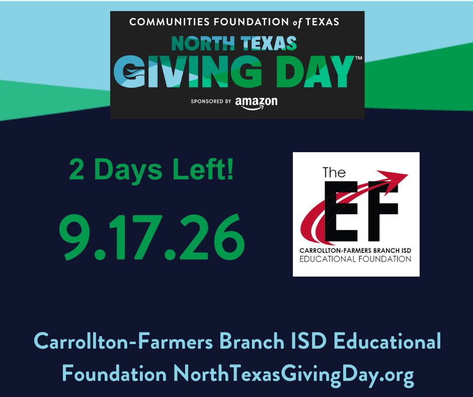 CFBISDEF's tweet photo. 2 days left for North Texas Giving Day! Help @CFBISD  teachers and students, and share with your network. https://t.co/Lfkt8tXuOC