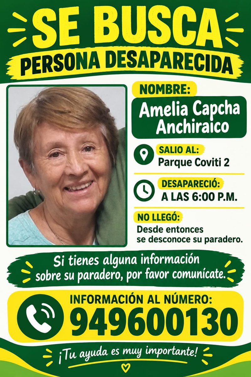 Epicentro_TV's tweet photo. #Urgente Ayúdanos a encontrarla. Se busca a la señora Amelia Capcha Anchiraico. Desapareció ayer a las 6 pm en San Martín de Porres. Comparte. https://t.co/OXV5Oh4kw7