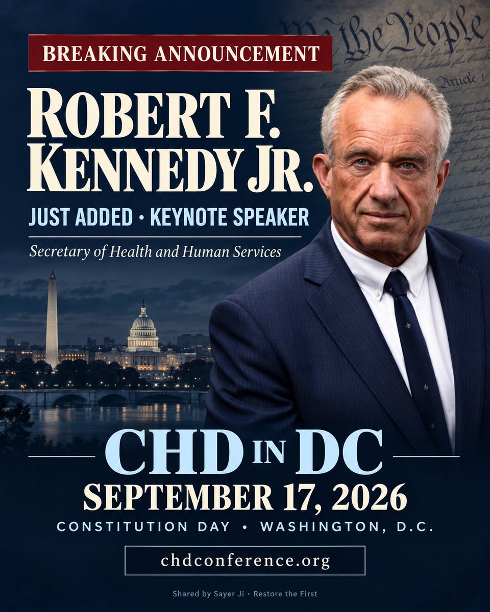 restorethe1st's tweet photo. 🚨 BREAKING: Robert F. Kennedy Jr. is joining us in Washington, D.C., as a keynote speaker this September 17 — Constitution Day.

On that day in 1787, the U.S. Constitution was signed in Philadelphia. This Thursday, we gather with its promise still demanding to be fulfilled.

Our founder @sayerjigmi will be speaking at CHD in DC alongside a lineup that includes Kennedy, Thomas Massie, Rand Paul, and Ron Johnson.

Sayer will be launching Restore the First — our coalition working to secure meaningful remedies when First Amendment rights are violated.

Because without the freedom to question, investigate, and share information, informed choice is impossible.

🔥 May the constitutional Republic rise again.

📍 Washington, D.C. | September 17, 2026
🎟 Event details + livestream: https://t.co/umTo4a1HFb
🇺🇸 Join the coalition: https://t.co/aGBI958xfI

#ConstitutionDay #RFKJr #RestoreTheFirst #CHDinDC