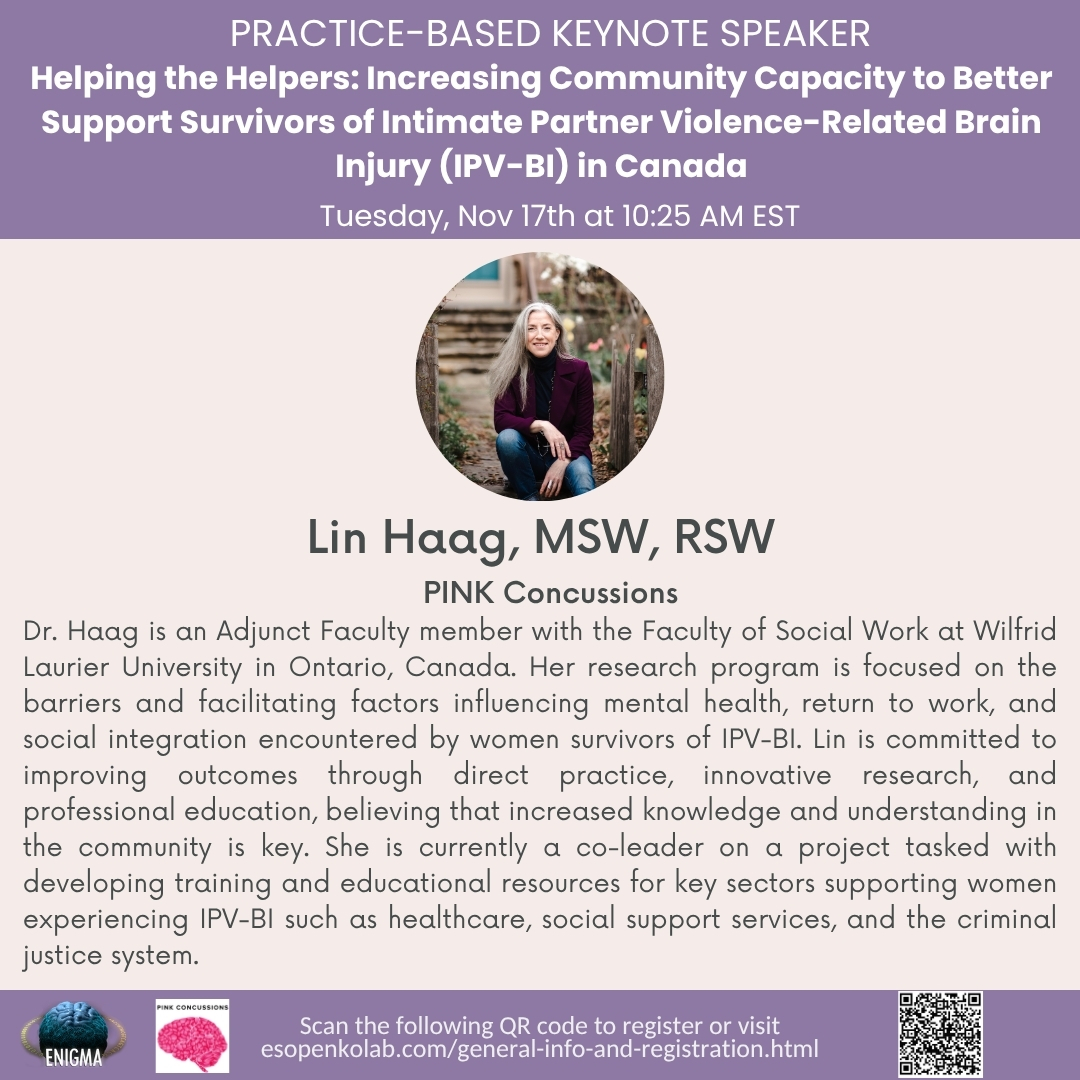 EnigmaIpv's tweet photo. We are thrilled to announce Dr. Lin Haag as the practice-based keynote speaker for the 2026 ENIGMA IPV and @pinkconcussions IPV-BI Conference!

Make sure to register to hear this incredible session!

Register: https://t.co/eBSTAmuPsm

For more info: https://t.co/WupnDWIwh7 https://t.co/rSQtTzfzxw