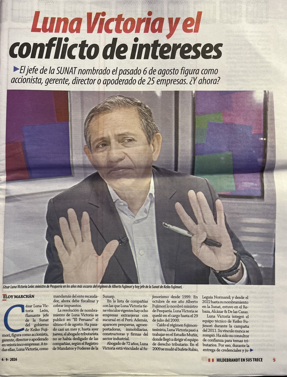 eloymarchan's tweet photo. Hace diez días, @ensustrece informó que el jefe de la SUNAT de Keiko Fujimori, César Luna Victoria, figuraba como accionista, director o apoderado de 25 empresas.
Luna Victoria, aplaudido por la derecha y Perú21, aún sigue ligado a 21 compañías que supuestamente debe fiscalizar. https://t.co/HEY6MJK0kn