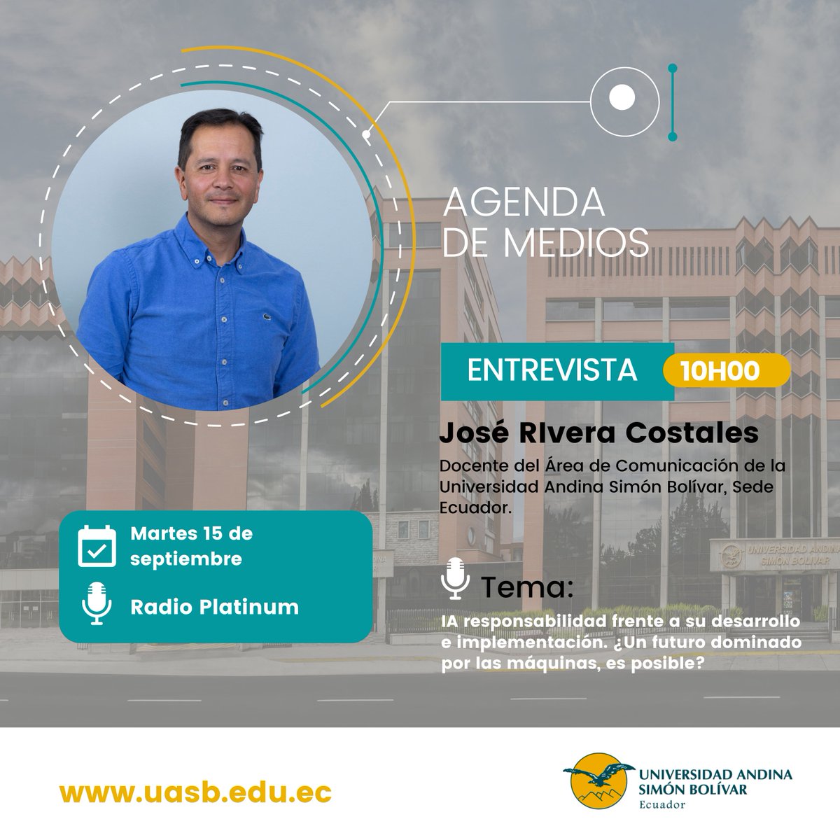 uasbecuador's tweet photo. 🎙️ #UASBenlosMedios |

Nuestro docente del Área de @ComunicaUASB, 𝗝𝗼𝘀𝗲́ 𝗥𝗜𝘃𝗲𝗿𝗮 𝗖𝗼𝘀𝘁𝗮𝗹𝗲𝘀, hablará sobre "𝗜𝗔 𝗿𝗲𝘀𝗽𝗼𝗻𝘀𝗮𝗯𝗶𝗹𝗶𝗱𝗮𝗱 𝗳𝗿𝗲𝗻𝘁𝗲 𝗮 𝘀𝘂 𝗱𝗲𝘀𝗮𝗿𝗿𝗼𝗹𝗹𝗼 𝗲 𝗶𝗺𝗽𝗹𝗲𝗺𝗲𝗻𝘁𝗮𝗰𝗶𝗼́𝗻. ¿𝗨𝗻 𝗳𝘂𝘁𝘂𝗿𝗼 𝗱𝗼𝗺𝗶𝗻𝗮𝗱𝗼 𝗽𝗼𝗿 𝗹𝗮𝘀 𝗺𝗮́𝗾𝘂𝗶𝗻𝗮𝘀, 𝗲𝘀 𝗽𝗼𝘀𝗶𝗯𝗹𝗲?", en una entrevista con Radio Platinum.

¡Escúchalo MAÑANA! 🎧
⏰ Martes 15 de septiembre | 10h00

💻📲 Radio Quito / @radioplatinumec  
 
🔗https://t.co/3d5AGk0J8X

@tikinauta