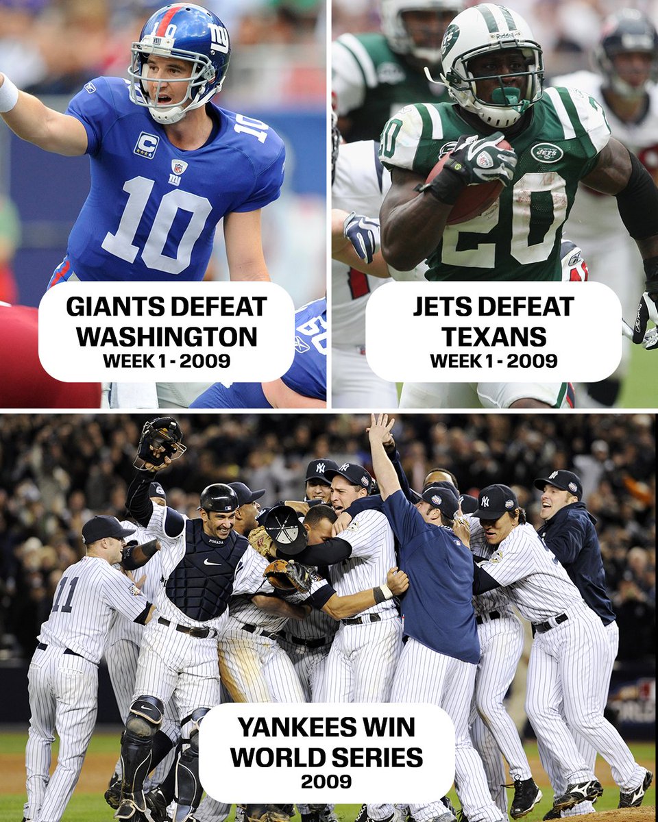 ESPNInsights's tweet photo. The last time both the Giants and Jets won their season openers was 2009.

52 days later, the Yankees won the World Series 👀 https://t.co/3Jlnkl8qjS