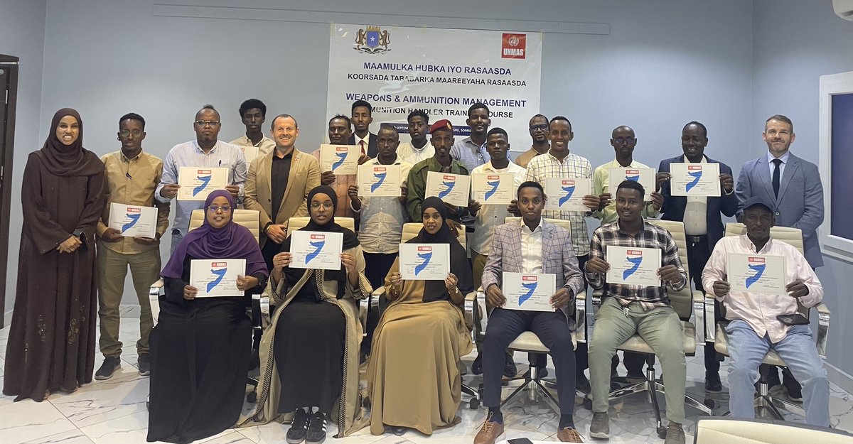 UNMAS's tweet photo. This week in Somalia, UNMAS delivered its 1st multi-institution, mixed-gender Weapons &amp; Ammunition Management course!

💬 "This ammunition handling course is vital in ensuring Somali stockpiles of ammunition are managed safely, thus protecting civilians &amp; security forces" https://t.co/MoF5NidIAN