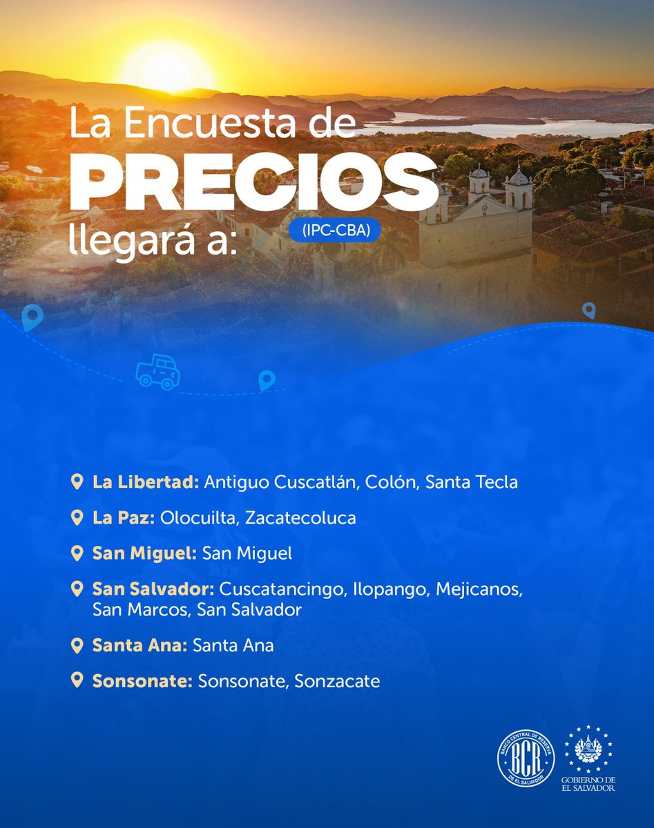 bcr_sv's tweet photo. 📢 Te compartimos la ruta de esta semana por parte de nuestros gestores de información para las encuestas de Precios, Económica, Turismo y Hogares de Propósitos Múltiples. https://t.co/VUs5JTTQgb